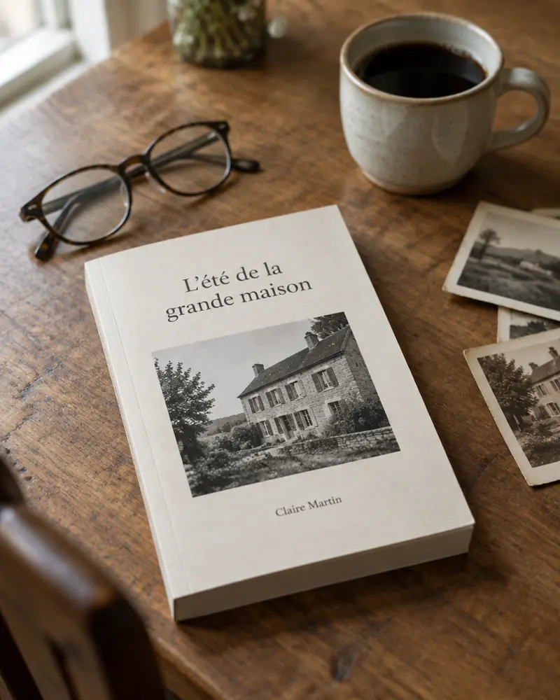 Exemple de livre broché posé sur une table en bois, avec la photo d'une maison ancienne en couverture